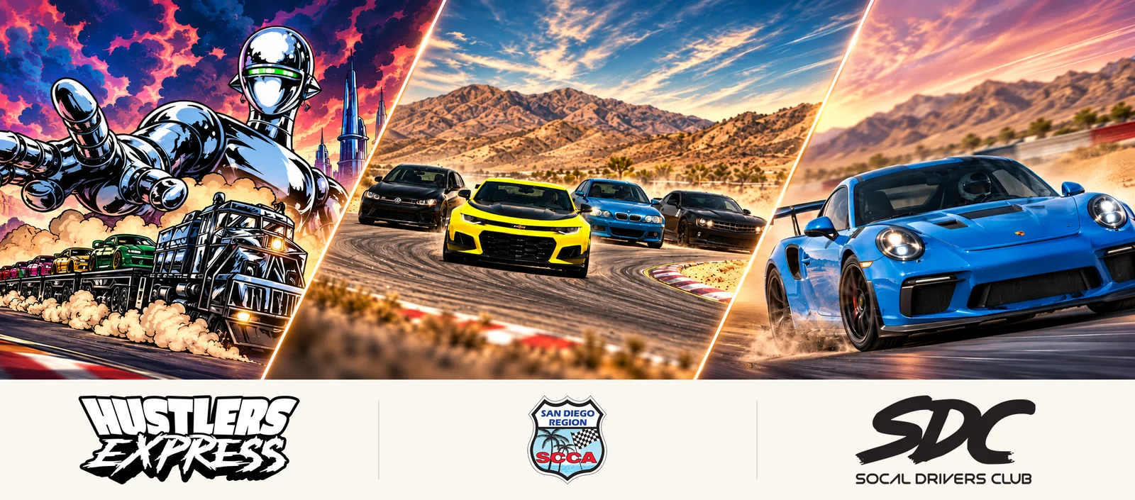 Three organizer logos beneath a creative motorsport collage combining Hustlers Express illustrated train artwork on the left, San Diego SCCA's Big Willow track-weekend cars in the center, and SoCal Drivers Club's blue sports car.